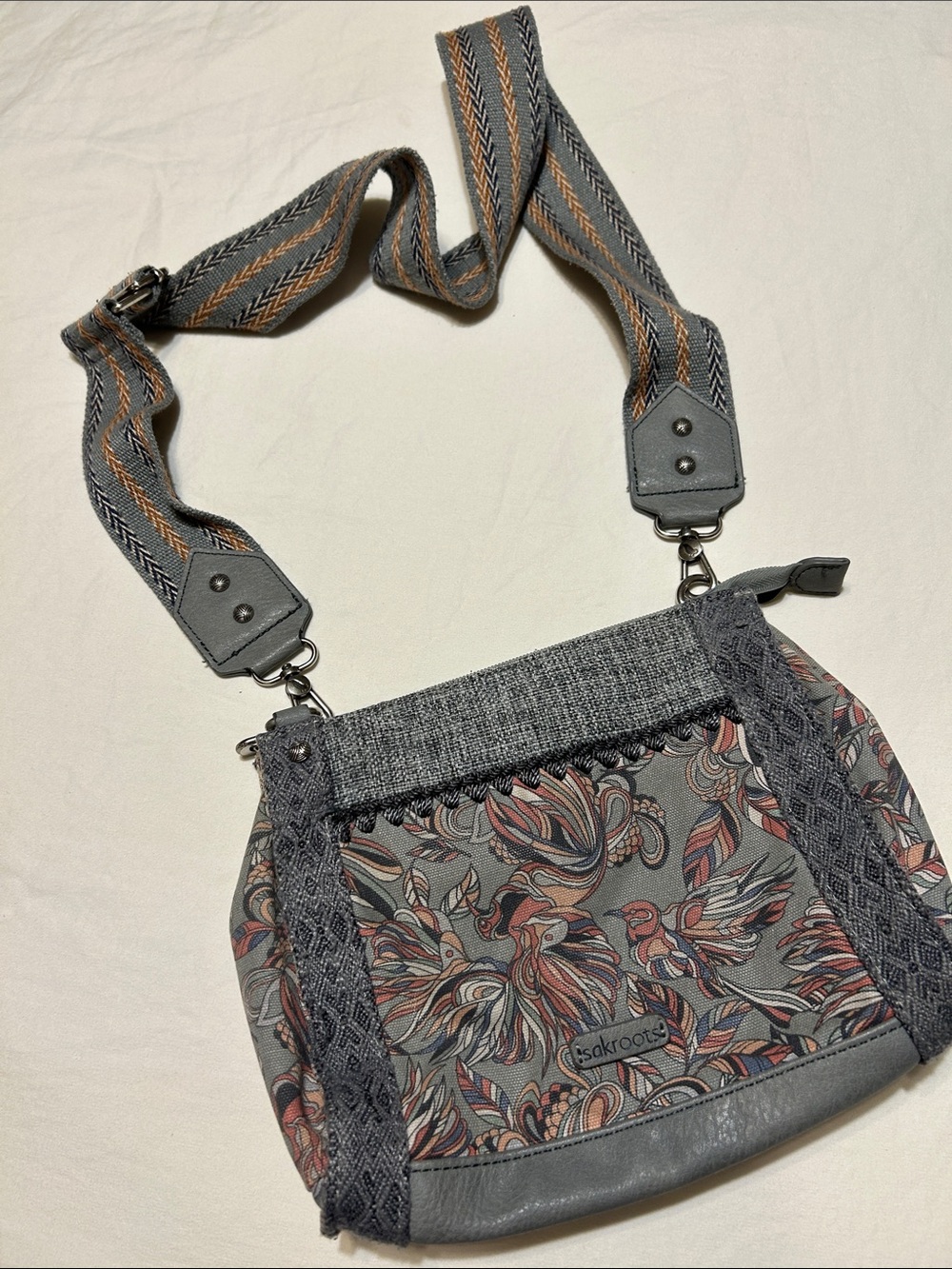 Sakroots Gray Floral Crossbody with Pink and Orange Accents